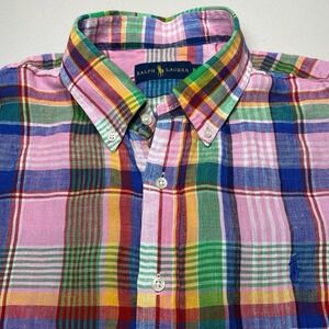 Ralph Lauren Shirt XL Mens S/S Button Down Linen Rainbow Plaid VGUC